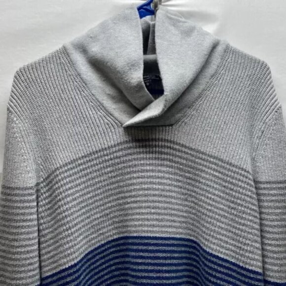 Express Shawl Neck Sweater Men’s XL Gray Navy Stripes Cotton Blend Pullover EUC - Picture 2 of 10